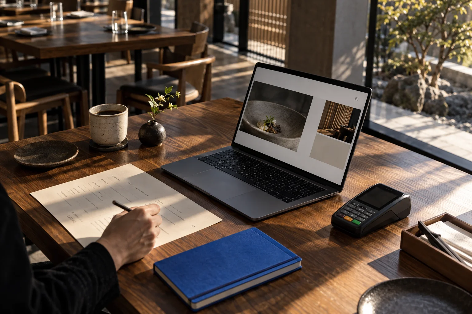 An illustrative restaurant workspace with a laptop, POS terminal, menu and notebook on an oak table.