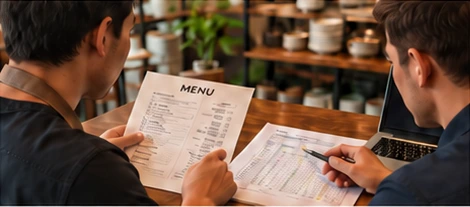 A restaurant consultation, reviewing a menu and operating figures together.