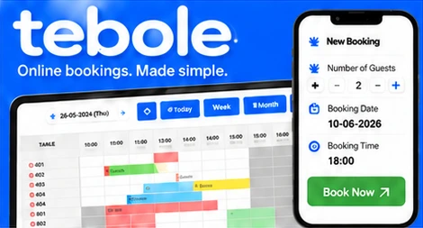 tebole online booking platform, with a booking diary and a mobile reservation form.